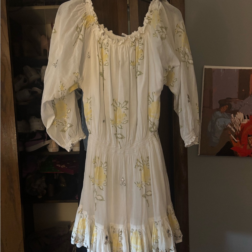 Juliet Dunn White Midi Dress with Yellow Floral Print